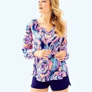 Lilly Pulitzer Willa Tunic Nauti Navy Boho Bateau long sleeve shirt tropical S